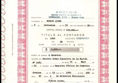 Título Nº 938 al Portador de Mil Acciones Ordinarias de Un Peso Serie 547 de Arcadia Compañía Argentina de Seguros S. A.