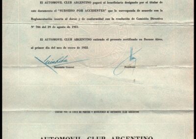 Certificado de Subsidio por Accidente. 05 de Noviembre de 1941. Automóvil Club Argentino.