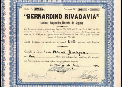 Título Nº 1731-Bis de Una Acción de Cien Pesos de Bernardino Rivadavia Sociedad Cooperativa Limitada de Seguros.
