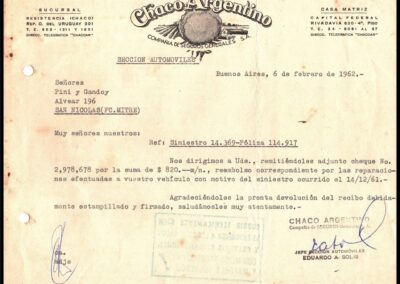 Carta por Pago de Siniestro de la Sección Automóviles. 06 de Febrero de 1962. Chaco Argentino Compañía de Seguros Generales S. A.