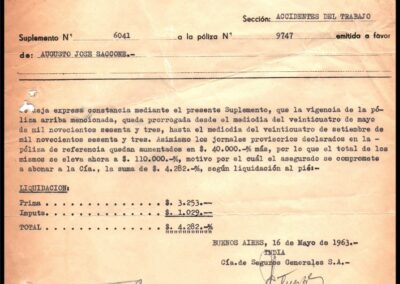 Suplemento de Póliza Sección Accidentes de Trabajo. 16 de Mayo de 1963. India Compañía de Seguros Generales S. A.