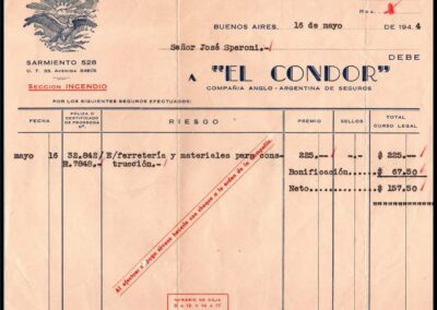Nota de Débito de El Cóndor Compañía Anglo-Argentina de Seguros.