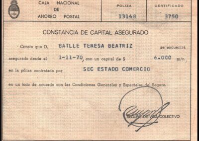 Constancia de Capital Asegurado en Póliza de Seguro de Vida Colectivo de la Caja Nacional de Ahorro Postal. 