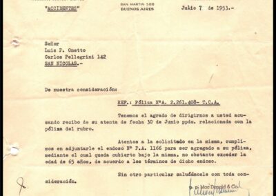 Carta de Mac Donald & Co adjuntando Endoso a Póliza de Accidentes. 07 de Julio de 1953.