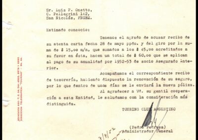 Carta a Socio Asegurado acompañando Recibo por Renovación de Póliza del Touring Club Argentino.