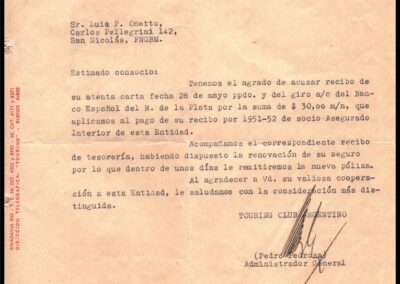 Carta a Socio Asegurado acompañando Recibo por Renovación de Póliza. 04 de Junio de 1951. Touring Club Argentino.