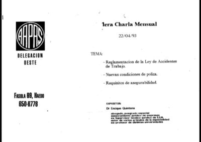 1era Charla Mensual. 22/04/1993. Delegación Oeste de AAPAS  – Asociación Argentina de Productores Asesores de Seguros.