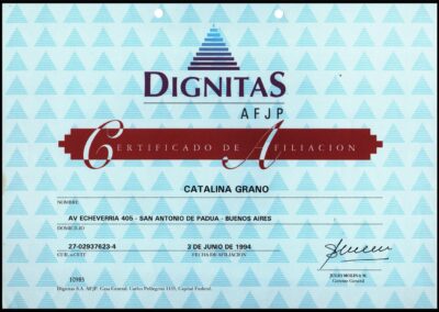 Certificado de Afiliación. 03 de Junio de 1994. Dignitas AFJP.