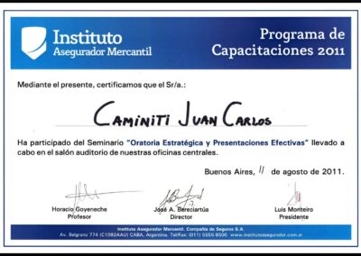 Certificado del Seminario Oratoria Estratégica y Presentaciones Efectivas. Programa de Capacitaciones 2011. Instituto Asegurador Mercantil Compañía de Seguros S. A.