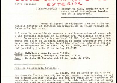 Circular Especial Nº 2.462. Jurisprudencia. Seguro de Vida. Supuesto que se Cubre en el Extranjero. Invalidez de la Operación. Asociación Argentina de Compañías de Seguros.