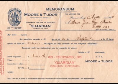 Memorandum a Asegurado por Vencimiento de Póliza de Moore & Tudor Representantes Generales de la Compañía Inglesa de Seguros Guardian.