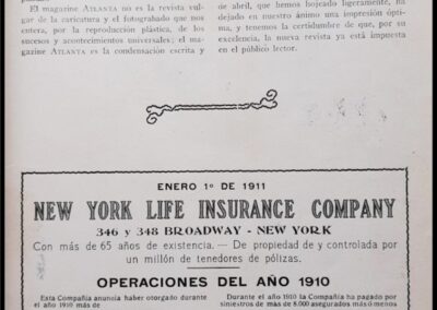 Aviso Publicitario de New York Life Insurance Company para su Sucursal del Río de la Plata. Publicado en Atlanta Magazine Año 1 Nº 2 – Mayo de 1911.