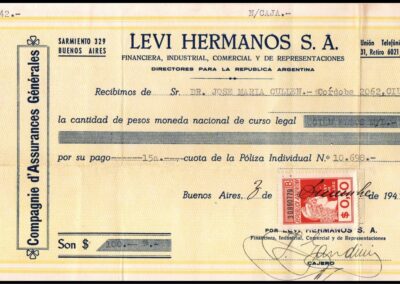 Recibo de Levi Hermanos S. A. Directores para la República Argentina de Compagnie d’Assurances Générales.