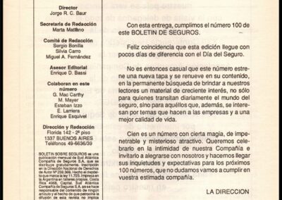 Boletín sobre Seguros. Año IX – Nº 100. Octubre de 1989. Sud Atlántica Compañía de Seguros S. A.