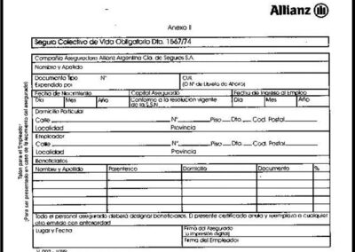 Formulario Designación de Beneficiarios. Seguro Colectivo de Vida Obligatorio Dto. 1567/74. Allianz Argentina Compañía de Seguros S.A.