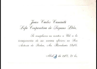 Tarjeta de Invitación a la Inauguración de la Oficina Comercial del Productor Asesor de Seguros Juan Carlos Caminiti con Lefa Cooperativa de Seguros Limitada.