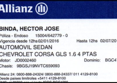 Credencial Seguro Obligatorio Automotor. Allianz Argentina Compañía de Seguros S. A.