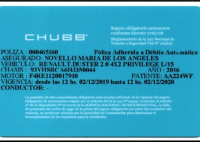 Credencial de Seguro Obligatorio Automotor de Chubb Seguros Argentina S. A.