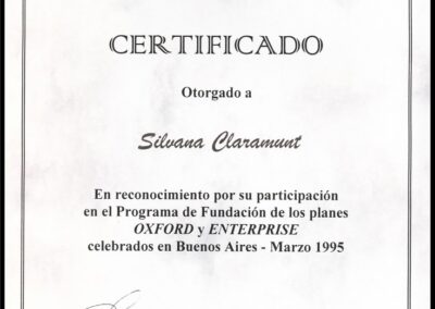 Certificado de participación en el Programa de Fundación de los planes Oxford y Enterprice. Silvana Claramunt. Eagle Star International Life Limited sucursal de Argentina.