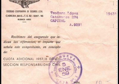 Recibo por Pago de Cuota Adicional Años 1957/58 Déficit de la Sección Responsabilidad Civil de La Nueva Sociedad Cooperativa de Seguros Limitada.