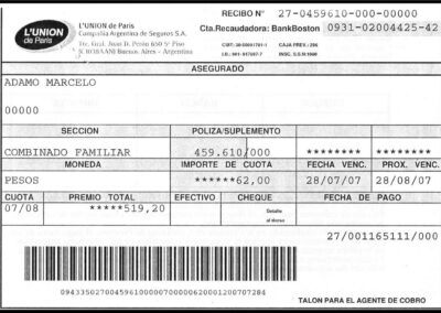 Recibo para Cobranza Electrónica. L’Union de Paris Compañía Argentina de Seguros S. A.