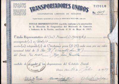 Título Nº 1939 Representativo Nominado de Ocho Acciones de Veinticinco Pesos de Transportadores Unidos Cooperativa Limitada de Seguros.