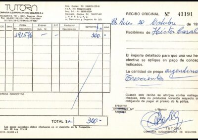 Talonario de Recibos de Cobranza de Tutora Compañía Sudamericana de Seguros S. A.