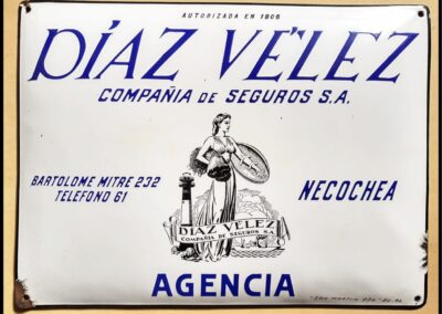 Placa cartel metálico enlosado de Díaz Vélez Compañía de Seguros S. A.