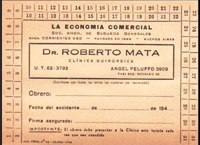 Tarjeta año 1940 para Atención a Obreros por Accidentes de La Economía Comercial Sociedad Anónima de Seguros Generales.