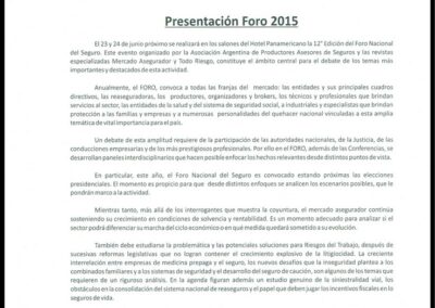 Foro Nacional del Seguro 2015. 23 y 24 de Junio de 2015. Carpeta del Evento. AAPAS – Asociación Argentina de Productores Asesores de Seguros.