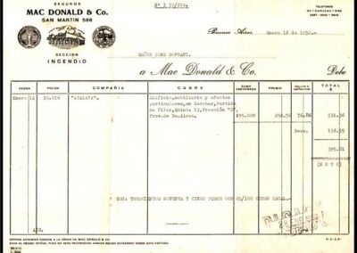 Factura del 16 de Enero de 1952 de la Sección Incendio de Atalaya Seguros en General S. A. con Mac Donald & Co.