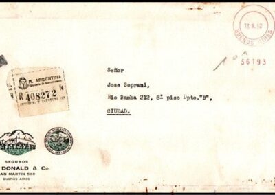 Sobre carta franqueo del 11 de Marzo de 1952 de Mac Donald & Co con Atalaya Seguros en General S. A.
