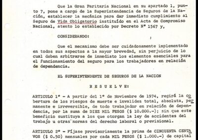 Seguro de Vida Obligatorio. Decreto 1567 – 1º de Noviembre de 1974. Resolución Nº 11.883. Superintendencia de Seguros de la Nación.