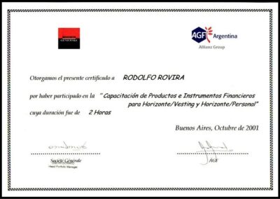 Certificado de «Capacitación de Productos e Instrumentos Financieros para Horizonte/Vesting y Horizonte/Personal». Octure de 2001. AGF Argentina Compañía de Seguros S. A. Allianz Group.