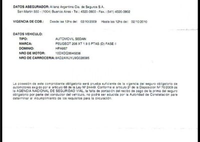 Comprobante de Seguro Obligatorio Automotor Conforme Decreto 1716/08. 02 de Octubre de 2009. Allianz Argentina Compañía de Seguros S. A.