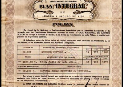 Póliza Plan «Integral» de Ahorro y Seguro de Vida. 1º de Julio de 1953. Caja Nacional de Ahorro Postal.