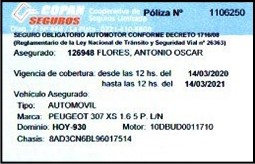 Credencial Seguro Obligatorio Automotor de COPAN Cooperativa de Seguros Limitada.