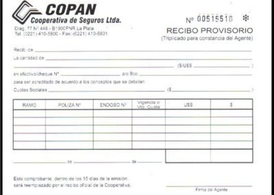 Recibos Provisorio de COPAN Cooperativa de Seguros Limitada.