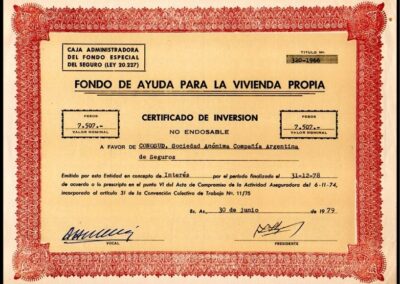 Fondo de Ayuda para la Vivienda Propia. Certificado de Inversión – No Endosable. 30 de Junio de 1979. Caja Administradora del Fondo Especial del Seguro (Ley 20.227).