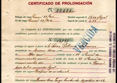 Certificado de Prolongación. Sección Incendios. 29 de Enero de 1901. Compañía Nacional de Seguros Generales.