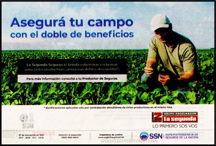 Publicidad «Asegurá Tu Campo con el Doble de Beneficios» de Grupo Asegurador  la Segunda. Diario Clarín – Suplemento Rural – 06 de Noviembre de 2020. |  FundaMAS