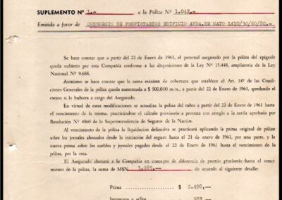 Suplemento Nº 1 a la Póliza 1042. Sección Accidentes del Trabajo. 27 de Mayo de 1961. La Estrella Compañía Argentina de Seguros S. A.