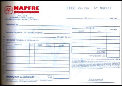 Talonario de Recibos para Uso del Productor Asesor. Año 2001. Mapfre Aconcagua Compañía de Seguros S. A.