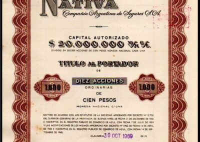 Título al portador de Diez Acciones Ordinarias de Cien Pesos. 30 de Octubre de 1969. Nativa Compañía Argentina de Seguros S. A.