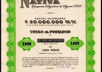 Título al portador de Veinte Acciones Ordinarias de Cien Pesos. 30 de Noviembre de 1967. Nativa Compañía Argentina de Seguros S. A.