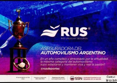 Publicidad «Aseguradora del Automovilismo Argentino» de RUS – Río Uruguay Seguros. Diario Clarín – 18 de Diciembre de 2020.