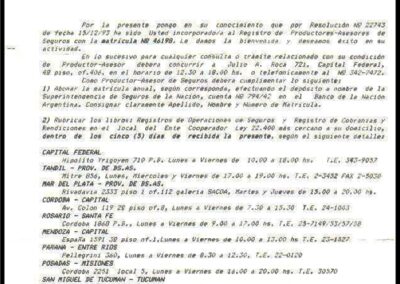 Notificación por la Incorporación al Registro de Productores Asesores de Seguros. 17 de Diciembre de 1993. Superintendencia de Seguros de la Nación.