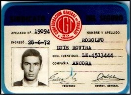 Carnet de Afiliado Nº 19094 Rodolfo Luis Rovira al Sindicato de Seguro de la república Argentina.