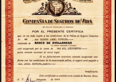 Certificado de Cobertura. Póliza de Seguro Colectivo Nº 58. 30 de Enero de 1947. Sud América Compañía de Seguros de Vida S. A.