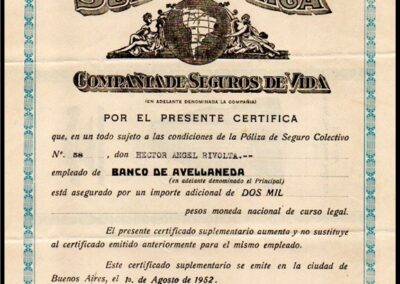Certificado de Cobertura. Póliza de Seguro Colectivo Nº 58. 01 de Agosto de 1952. Sud América Compañía de Seguros de Vida S. A.